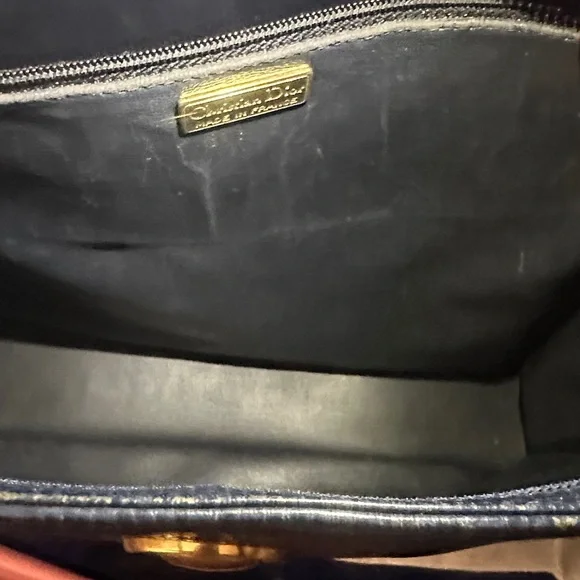 Authentic Vintage Christian Dior Leather Navy Blue Tote with Gold Accent